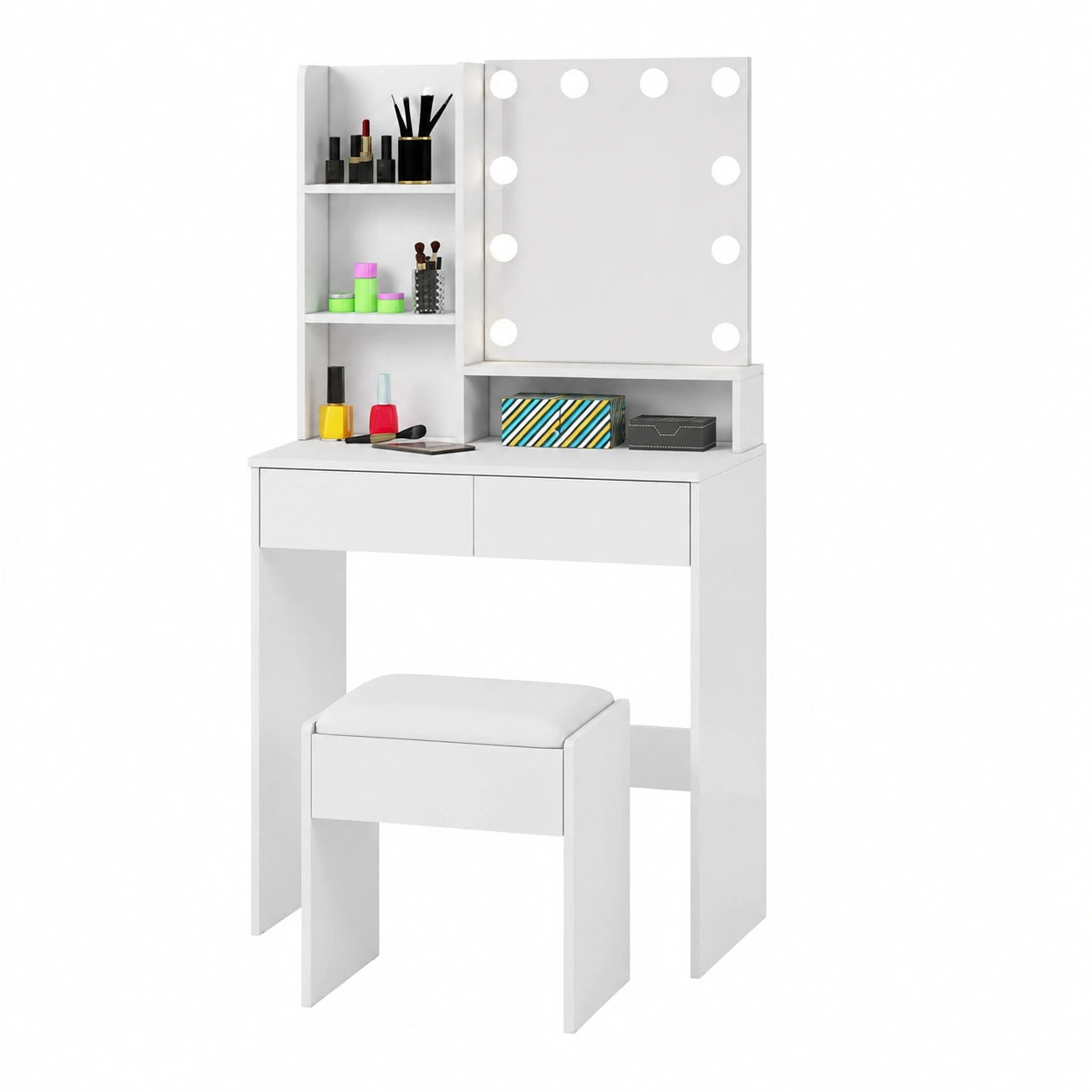 Moderner Schminktisch mit LED-Spiegel und Hocker, 2 Schubladen, 4 Ablagen, 3 Lichtmodi, 80x40x138 cm, Weiß