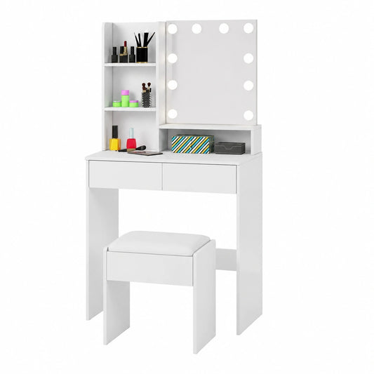 Moderner Schminktisch mit LED-Spiegel und Hocker, 2 Schubladen, 4 Ablagen, 3 Lichtmodi, 80x40x138 cm, Weiß