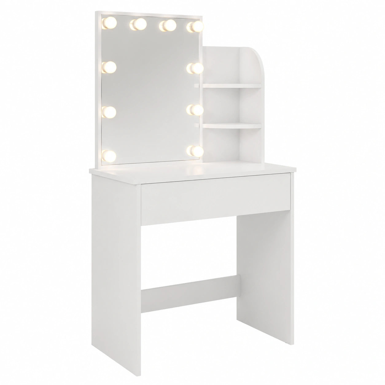 Moderner Schminktisch mit LED-Beleuchtung und HD-Spiegel, 3 Lichtfarben, verstellbare Helligkeit, inkl. Schubladen und offenen Fächern, Weiß, 70x40x140cm
