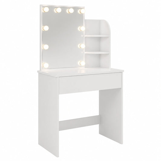 Moderner Schminktisch mit LED-Beleuchtung und HD-Spiegel, 3 Lichtfarben, verstellbare Helligkeit, inkl. Schubladen und offenen Fächern, Weiß, 70x40x140cm