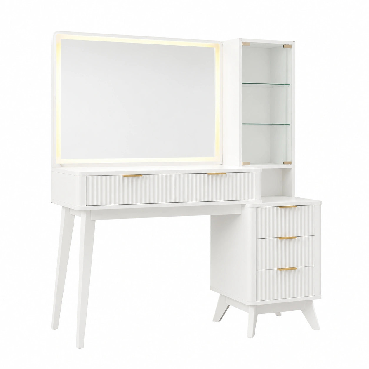 Moderner Schminktisch mit LED-Spiegel und Steckdosenleiste, Weiß, 91 cm, Glasplatte, 3 Lichtmodi, 5 Schubladen, 9-fach Kosmetik-Organizer
