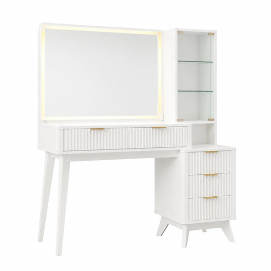Moderner Schminktisch mit LED-Spiegel und Steckdosenleiste, Weiß, 91 cm, Glasplatte, 3 Lichtmodi, 5 Schubladen, 9-fach Kosmetik-Organizer